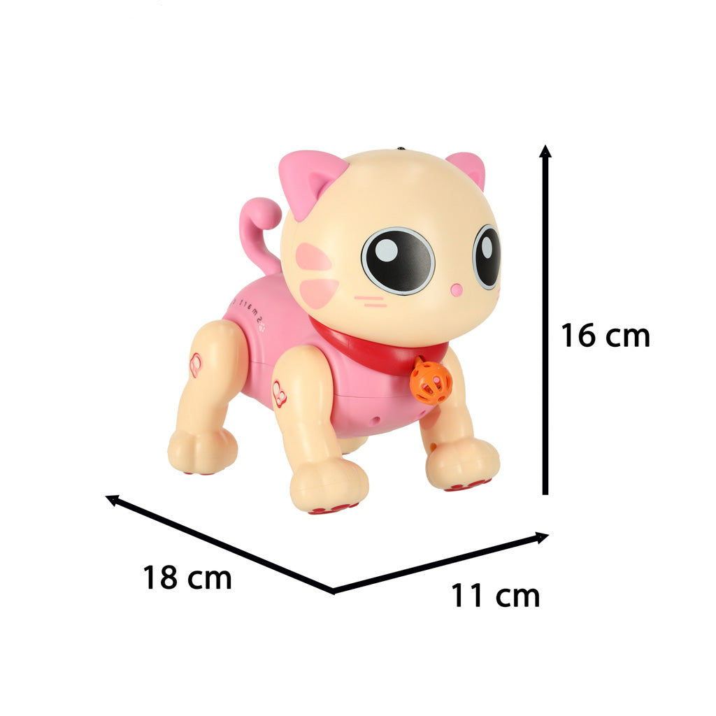 Interaktīvs RC robotkaķis rozā krāsā — izmēri 18×11×16 cm.