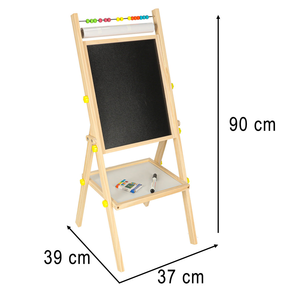 Koka bērnu tāfele 90 × 37 × 39 cm ar papīra rulli, skaitīkļiem un piederumu plauktiņu