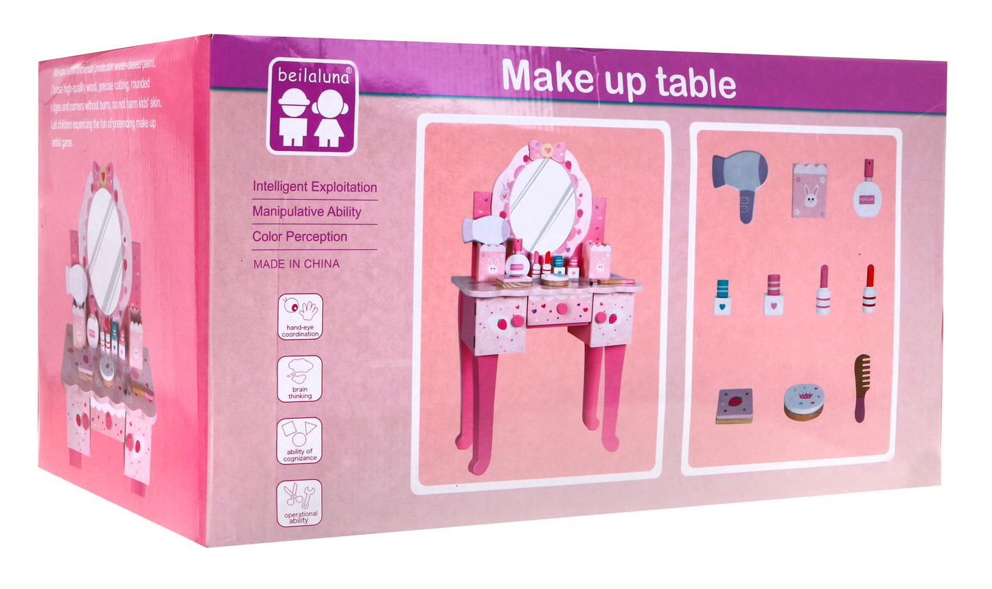 Koka tualetes galdiņa komplekta kaste — “Make up table”, redzams galdiņš un rotaļu aksesuāri.