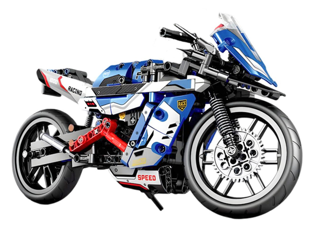 Konstruktors motocikls no klucīšiem, zils, sānskats