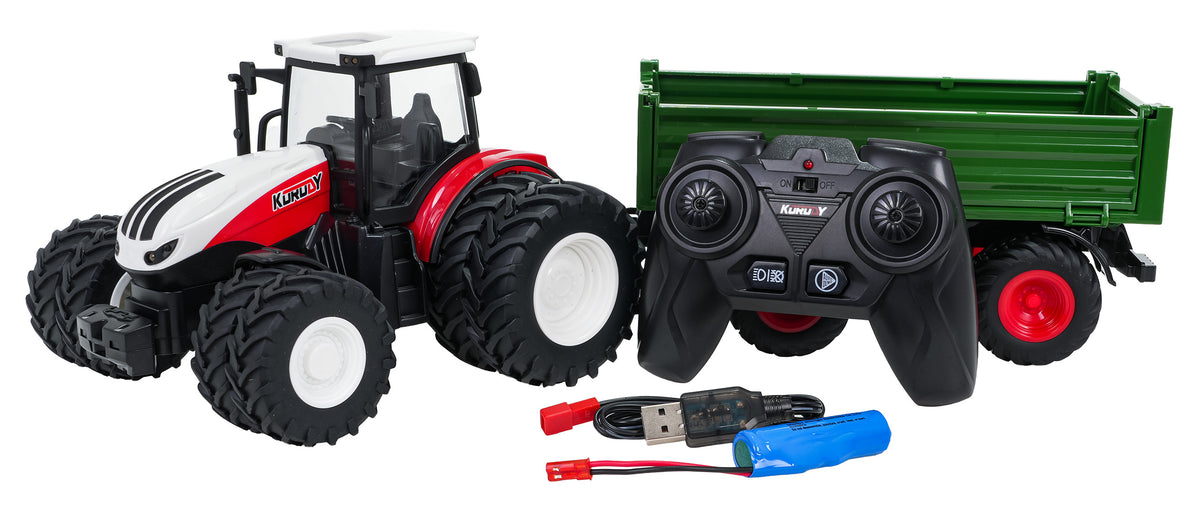 KORUDY tālvadības traktors mērogā 1:24 ar zaļu divasu piekabi, lielām gumijas riepām, tālvadības pulti, uzlādējamu akumulatoru un USB uzlādes kabeli, pilns komplekta saturs