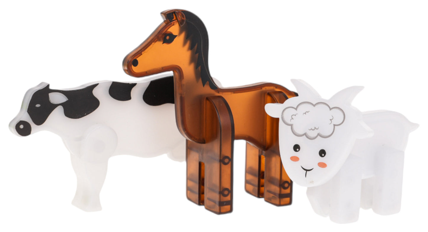 Magnētisko kluču komplekta dzīvnieki — govs, zirgs un kaza