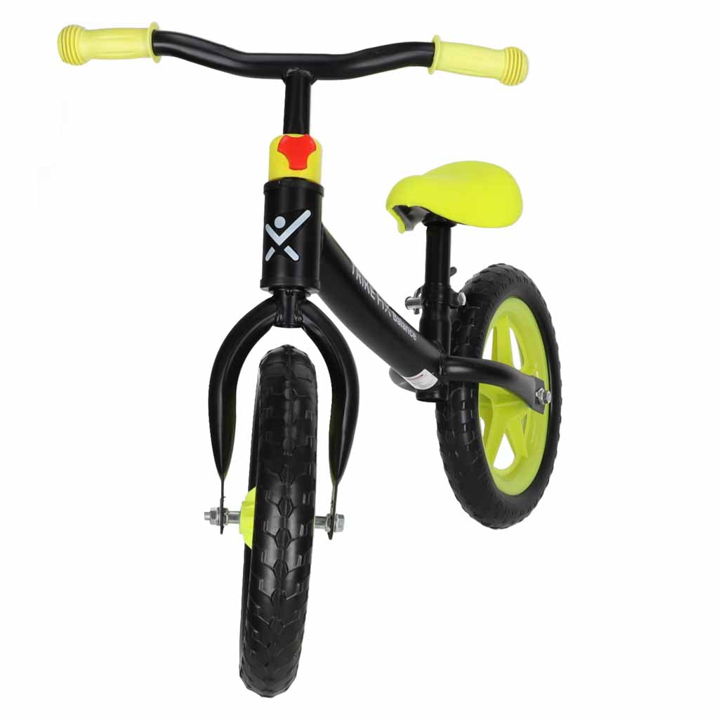 Melns bērnu balansa velosipēds ar koši zaļiem akcentiem priekšskatā