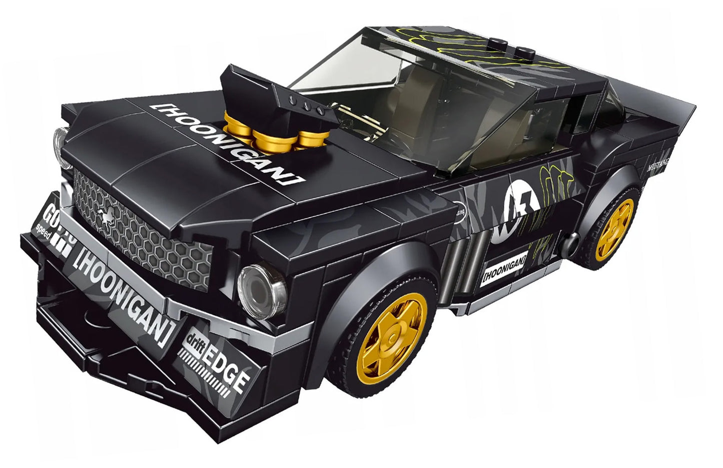 Melnas sporta auto konstruktora modelis ar zelta diskiem un “HOONIGAN” dizainu