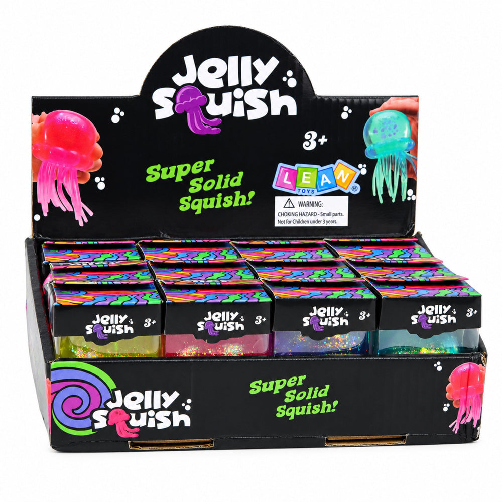 Mīkstā antistresa rotaļlieta Jelly Squish medūzas formā ar spīdumiem, displeja iepakojumā