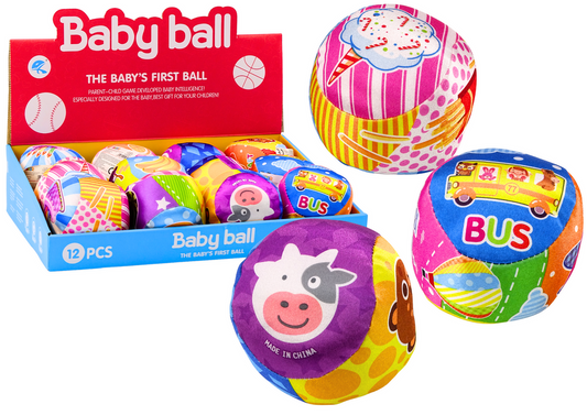 Mīksta grabulīša bumba 10 cm —dažādi krāsaini dizaini (MIX) displeja kastē