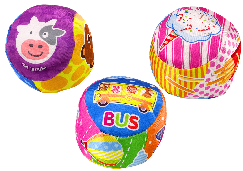 Mīksta grabulīša bumba 10 cm dažādi dizaini (govs, autobuss, saldējums) MIX