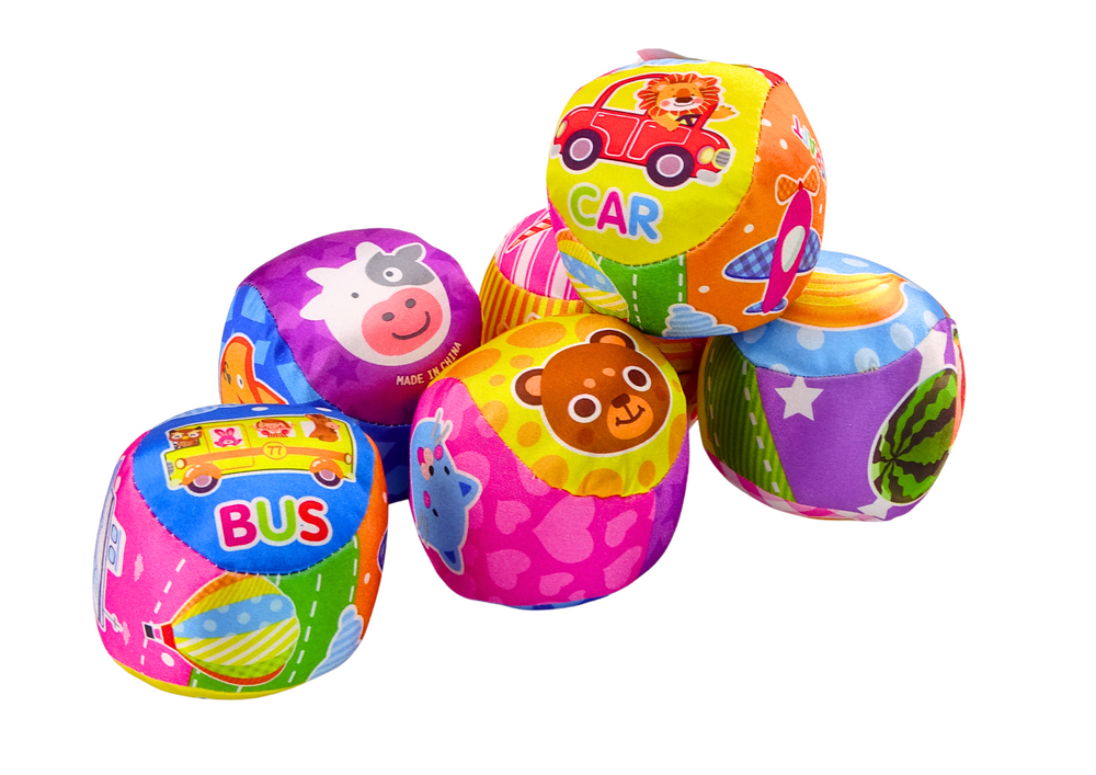 Mīkstas grabulīša bumbas 10 cm krāsaini MIX dizaini (autobuss, govs, lācis, auto)