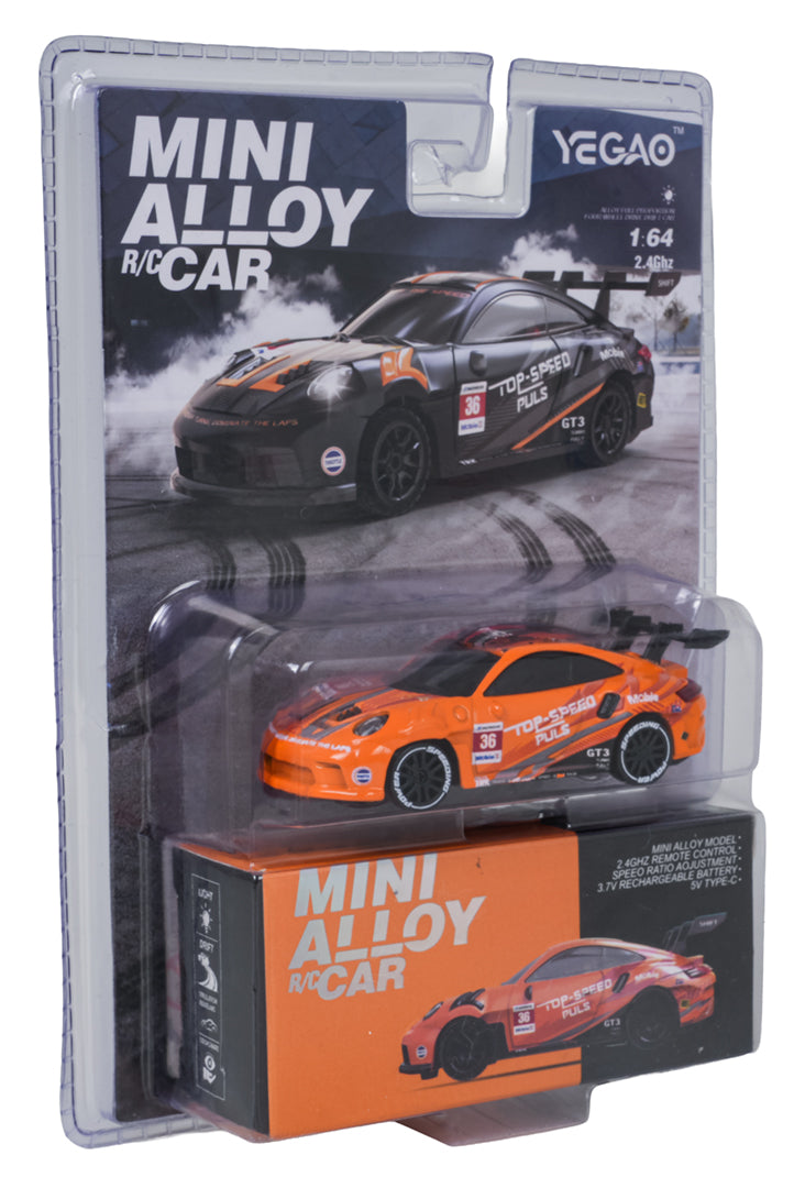 Mini RC metāla sporta auto 1:64 oranžā krāsā ar 2.4 GHz vadību iepakojumā