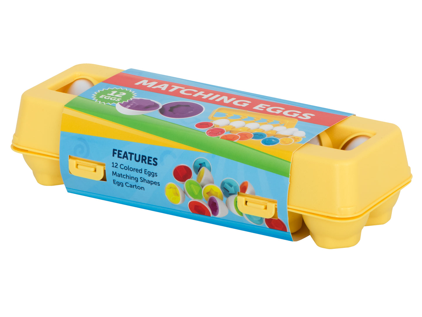 Dzeltena Montessori šķirošanas olu kastīte ar “Matching Eggs” iepakojuma uzlīmi