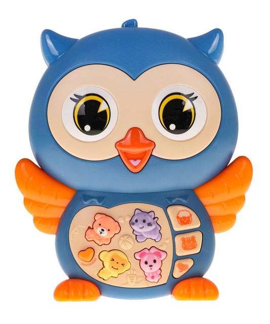 Zila rotaļu pūce ar lielām acīm, oranžiem spārniem un pogām ar dzīvnieku attēliem uz vēdera