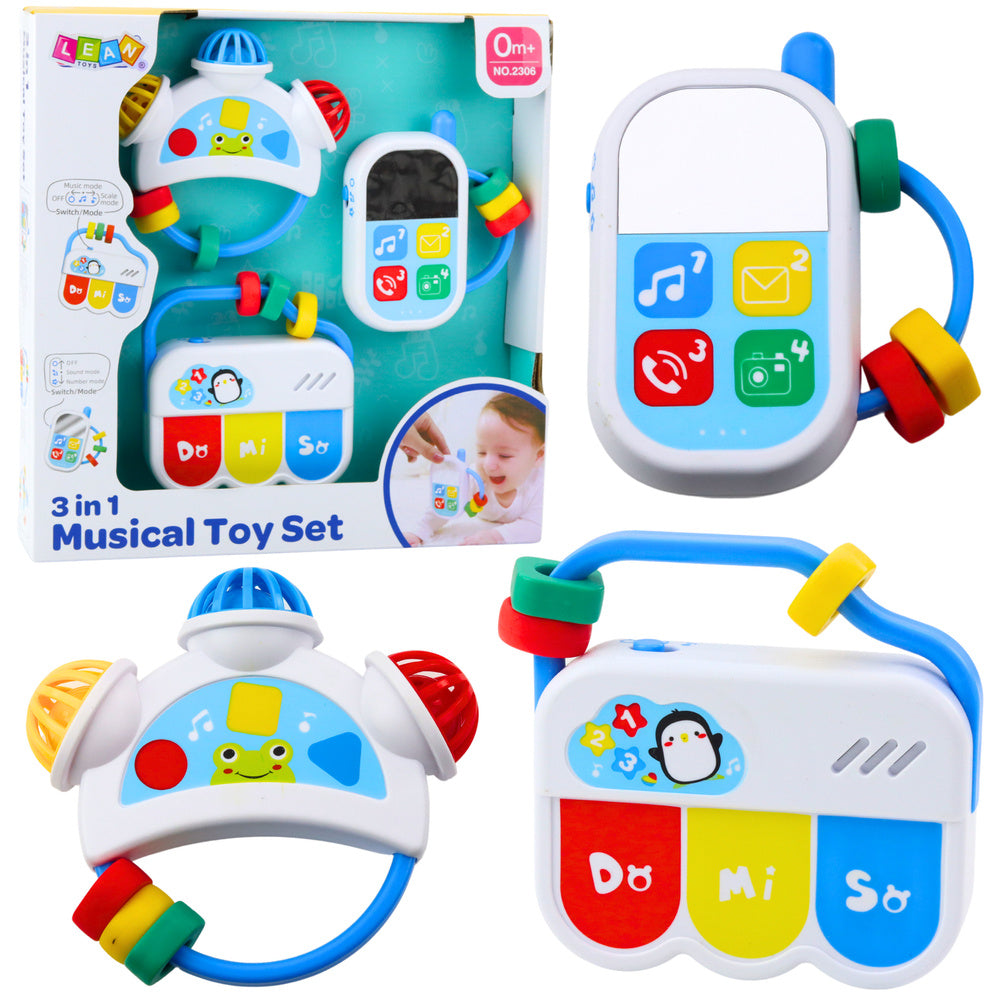 Muzikāls 3-in-1 komplekts zīdaiņiem — tālrunis, tamburīns, mini klaviatūra; iepakojums un saturs