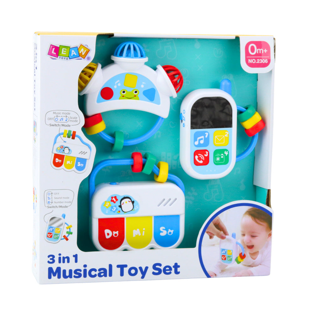 Muzikāls 3-in-1 rotaļlietu komplekts zīdaiņiem – tālrunis, klaviatūra, tamburīns