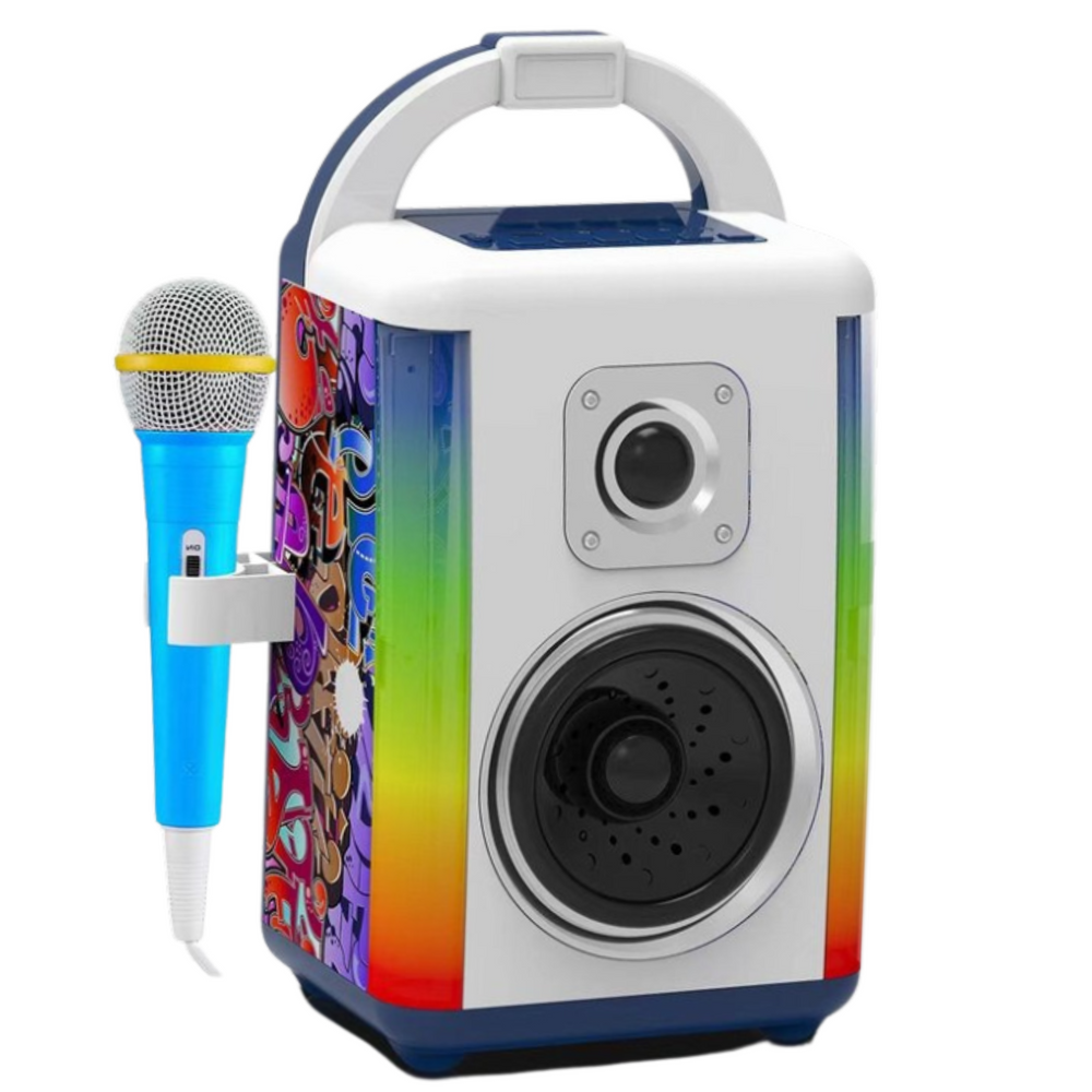 Bluetooth skaļrunis un mikrofons bērnu karaoke vakariem tuvplāns