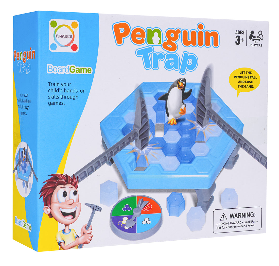 Galda spēles “Penguin Trap” iepakojums ar attēlotu ledus platformu, pingvīnu un āmuriņiem