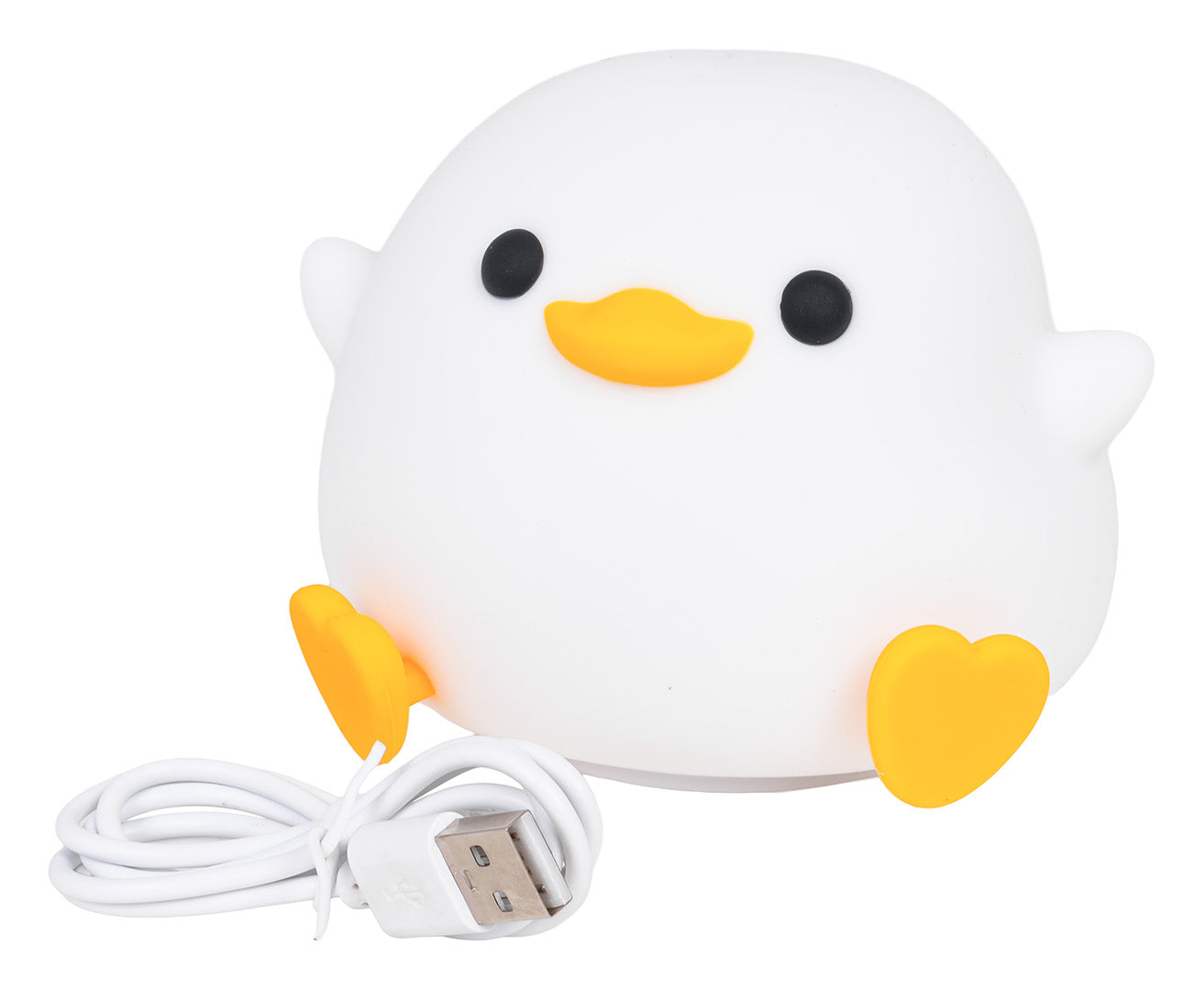 Balta pīles formas silikona naktslampa ar dzeltenu knābi un USB uzlādes kabeli priekšplānā