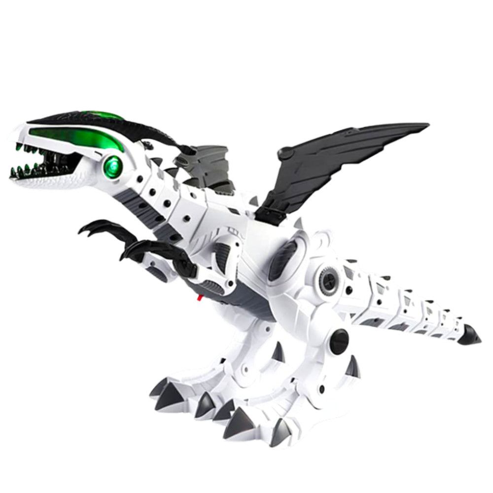 Ar baterijām darbināms dinozaurs robots ardūmu efektu, gaismām un skaņu (balts)