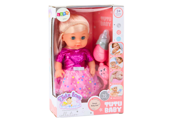 Lelle rozā kleitā ar skaņām un grabulīti (3+, 28 cm)