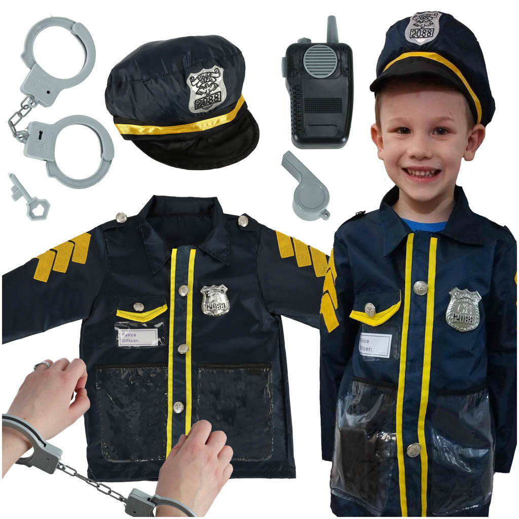 Bērnu policista karnevāla komplekts – jaka, cepure, rokdzelži, svilpe un rotaļu rācija (3–8 gadi).