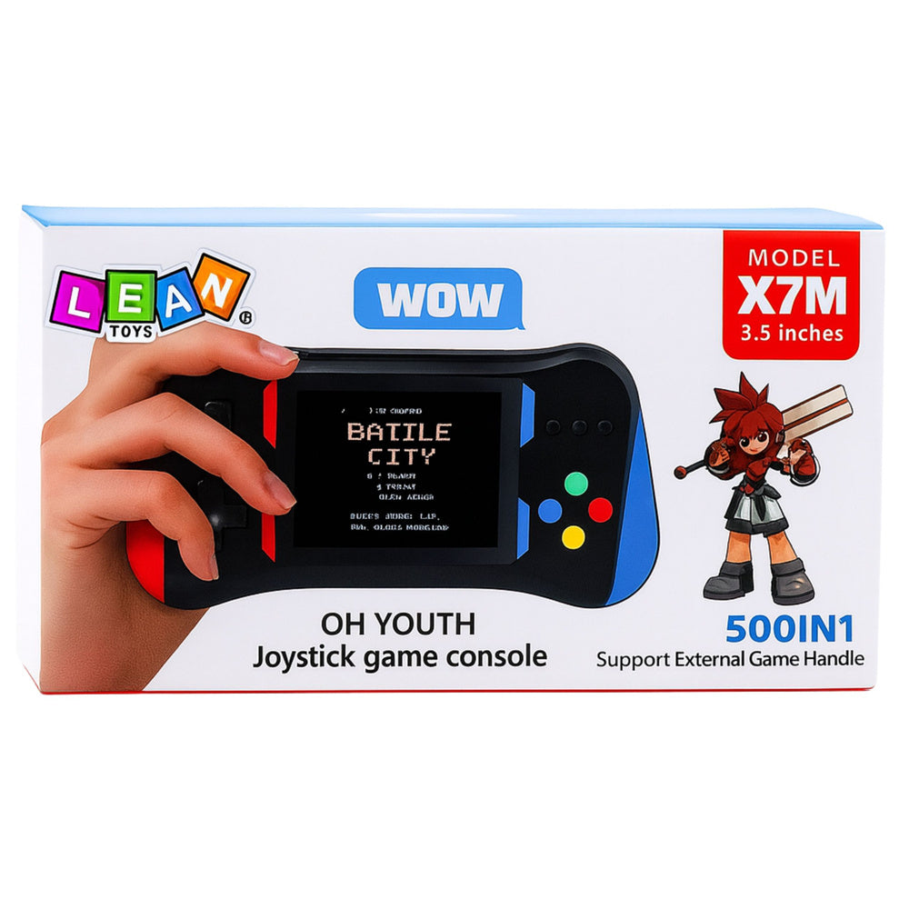 Portatīvās spēļu konsoles X7M iepakojums – 500 spēles, 3,5 collu ekrāns, divu spēlētāju režīms
