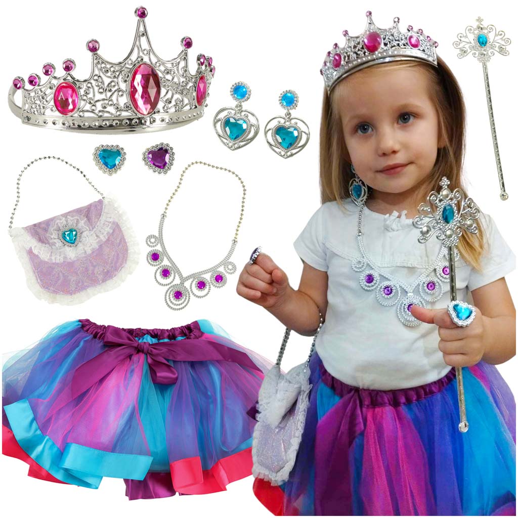 Princeses 9 gab. komplekts bērniem – kronis, zizlis, rotas, somiņa un tilla svārki