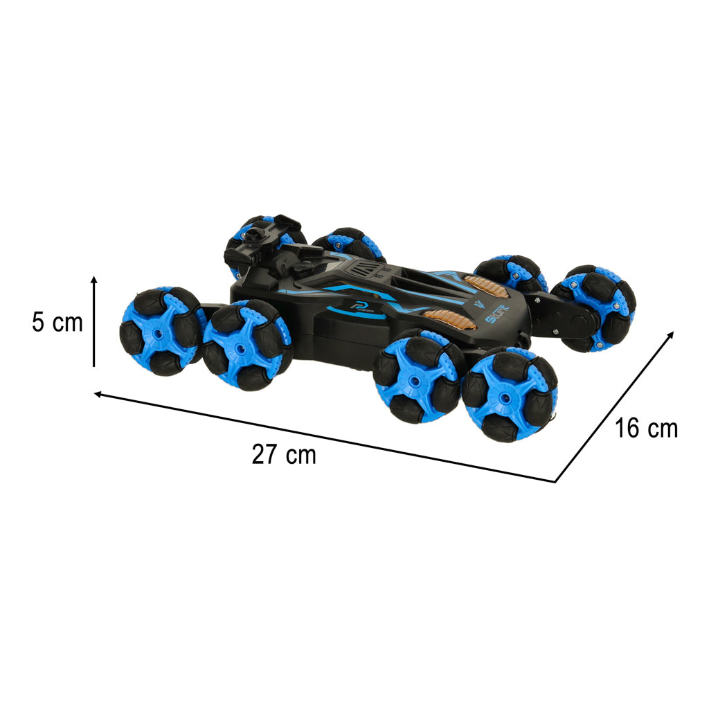 RC triku automašīna ar 8 riteņiem melni-zilā krāsā; izmēri: garums 27 cm, platums 16 cm, augstums 5 cm.
