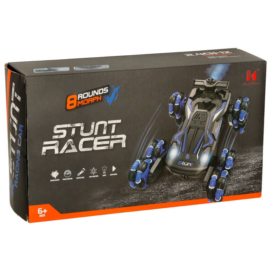 RC triku automašīna ar 8 riteņiem “Stunt Racer” – produkta kaste melni-zilam modelim ar gaismām.