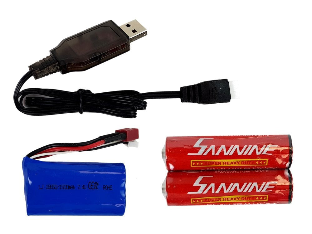 USB lādētājs, 7,4 V 1500 mAh akumulators un AA baterijas — RC auto komplekta piederumi