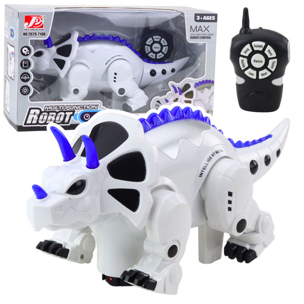 RC dinozaura robots Triceratops ar tālvadības pulti — balta rotaļlieta ar zilām detaļām un iepakojumu