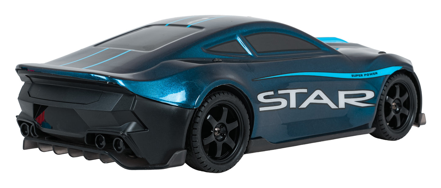 Tālvadības mašīna “Star” zilā krāsā – skats no sāna un aizmugures ar sportisku virsbūvi un melniem riteņiem