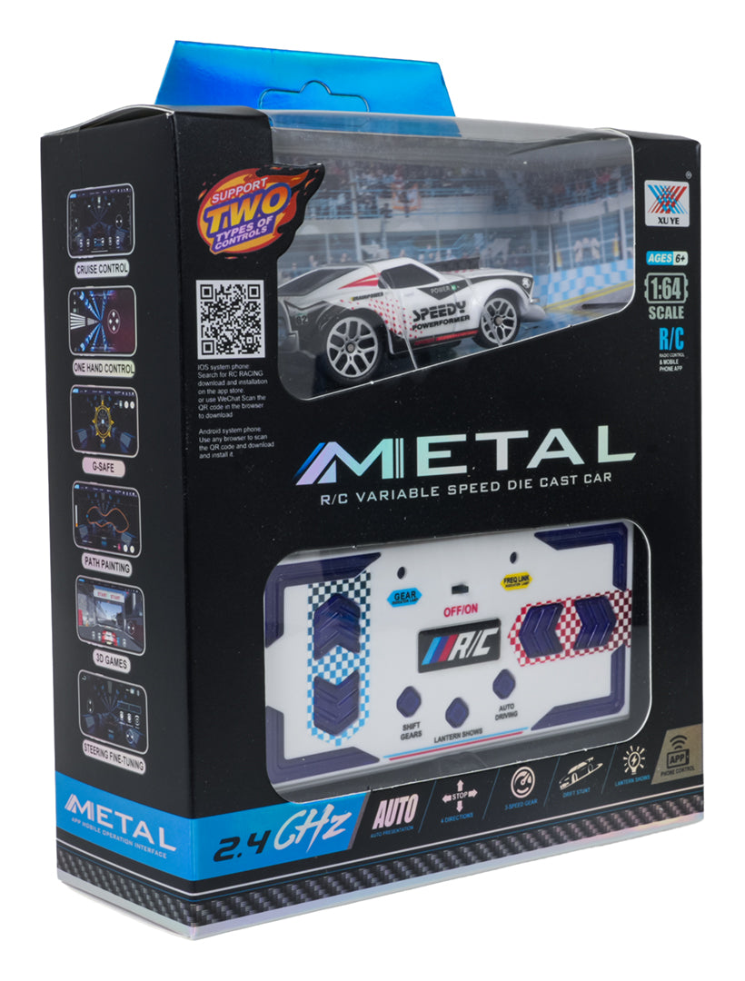 RC sporta auto 1:64 ar metāla virsbūvi, 2.4 GHz pulti un APP vadību, iepakojumā