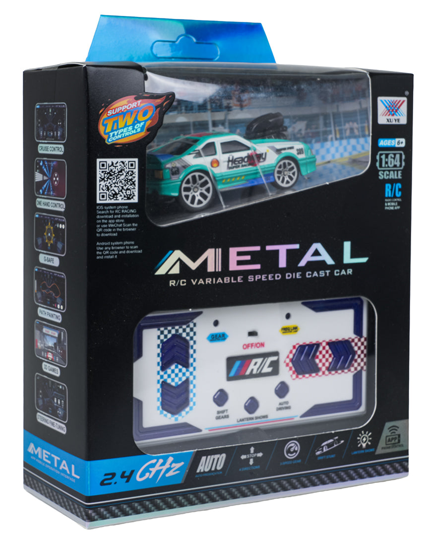 RC sporta auto 1:64 tirkīza krāsā ar metāla virsbūvi, 2.4 GHz pulti un APP vadību, iepakojumā