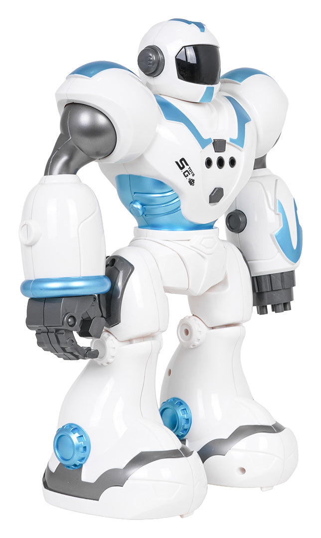 Balts un zils Dancing U-ictory robots ar spīdīgām detaļām un kustīgām rokām – interaktīva rotaļlieta bērniem