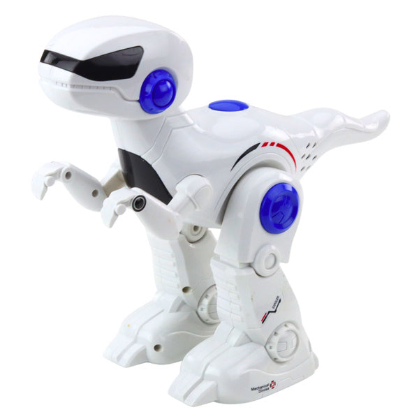 Balts robots dinozaurs rotaļlieta ar zilām detaļām un kustīgām kājām