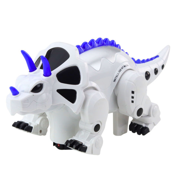 Balts interaktīvais robots triceratops ar melniem un ziliem akcentiem