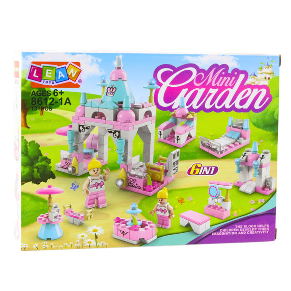 Mini Garden 6-in-1 rozā būvkluču komplekts — produkta kaste ar pils modeli un citiem iespējamiem būvējumiem (131 gab., 6+)