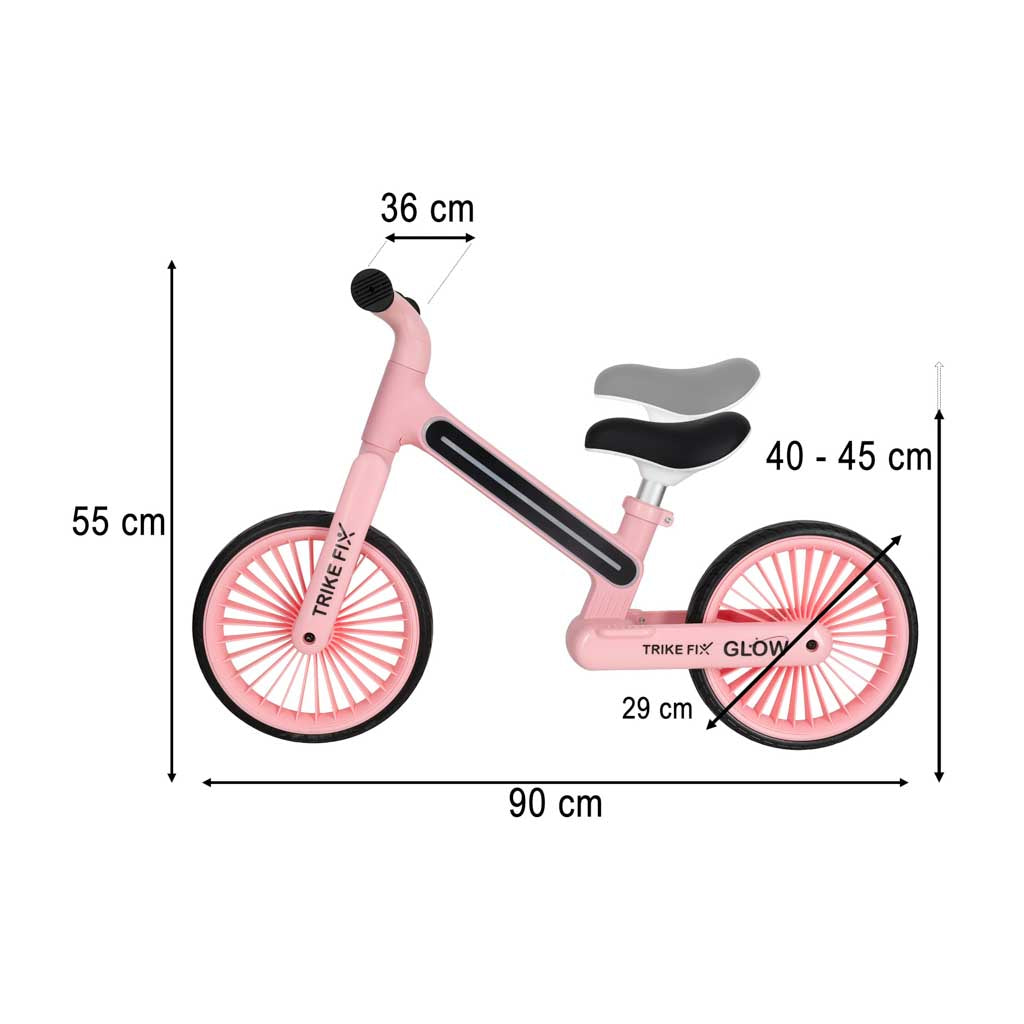 Rozā līdzsvara velosipēds Trike Fix Glow ar izmēru shēmu un regulējamu sēdekļa augstumu
