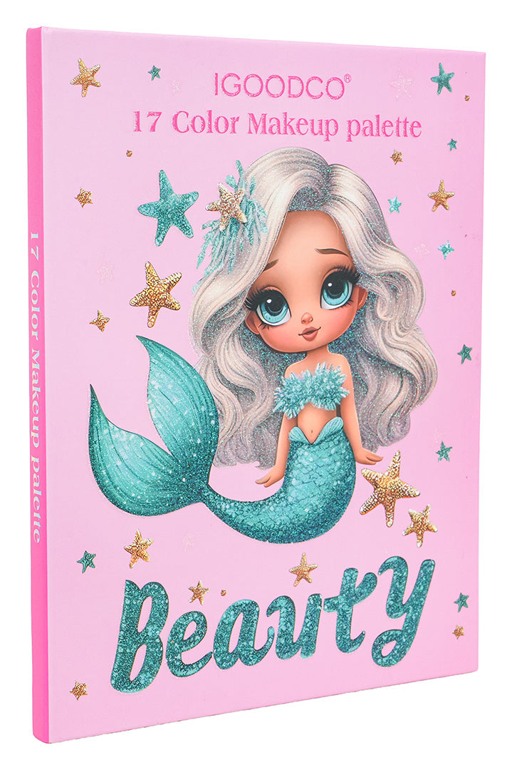 Rozā vāciņš bērnu kosmētikas paletei ar mirdzošu nāriņas ilustrāciju un uzrakstu “Beauty”