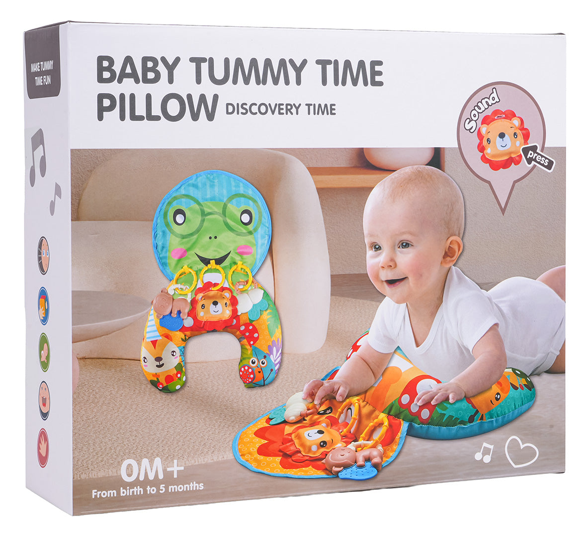 Sensorais spilvens zīdaiņiem “Baby Tummy Time Pillow” iepakojumā ar attīstošām rotaļlietām un skaņas funkciju