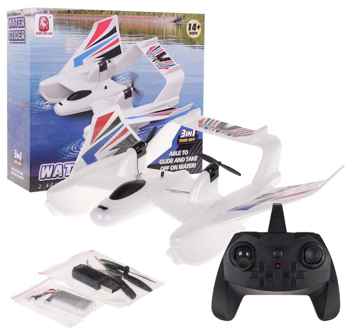 Tālvadības hidroplāna Water Glider komplekts ar lidmašīnu, pulti, akumulatoru, USB lādētāju un iepakojumu