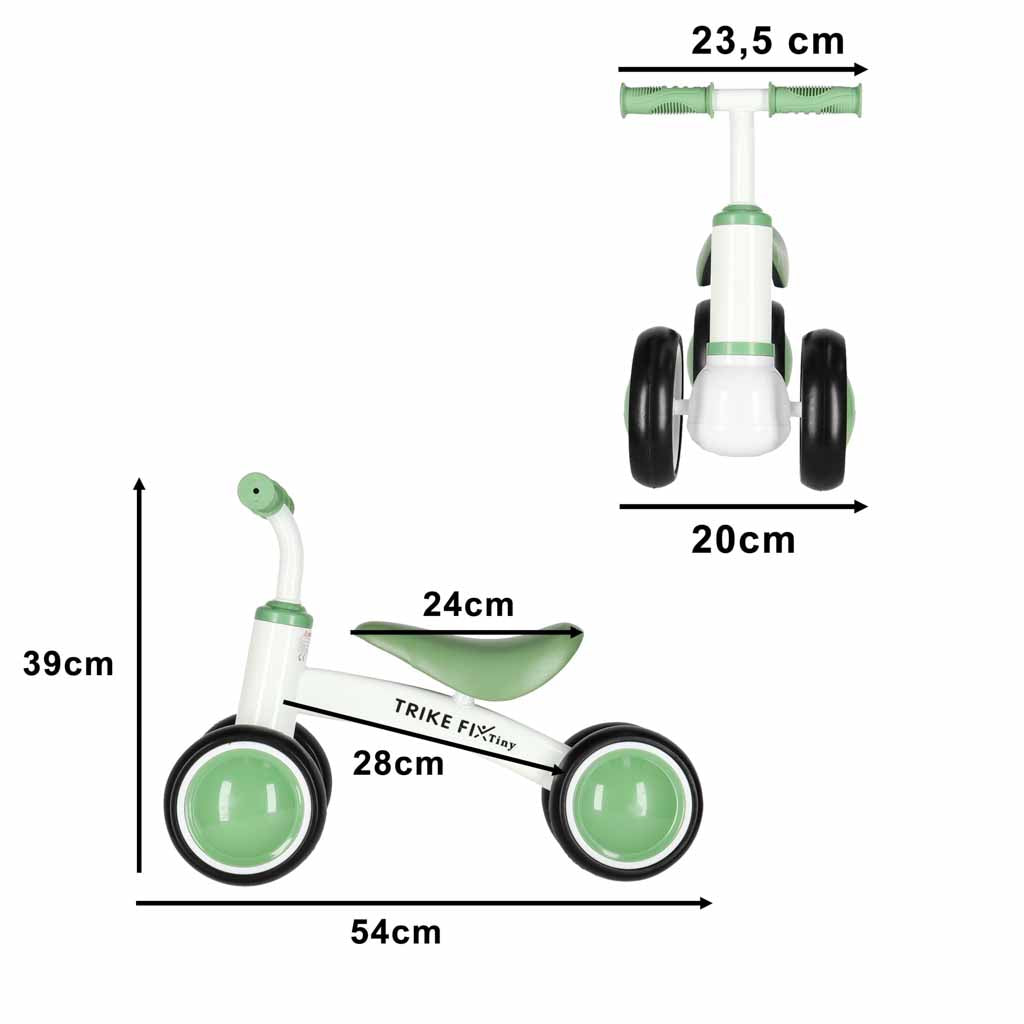 Trike Fix Tiny V2 zaļā līdzsvara riteņa izmēru shēma ar norādītiem garuma, augstuma un platuma izmēriem