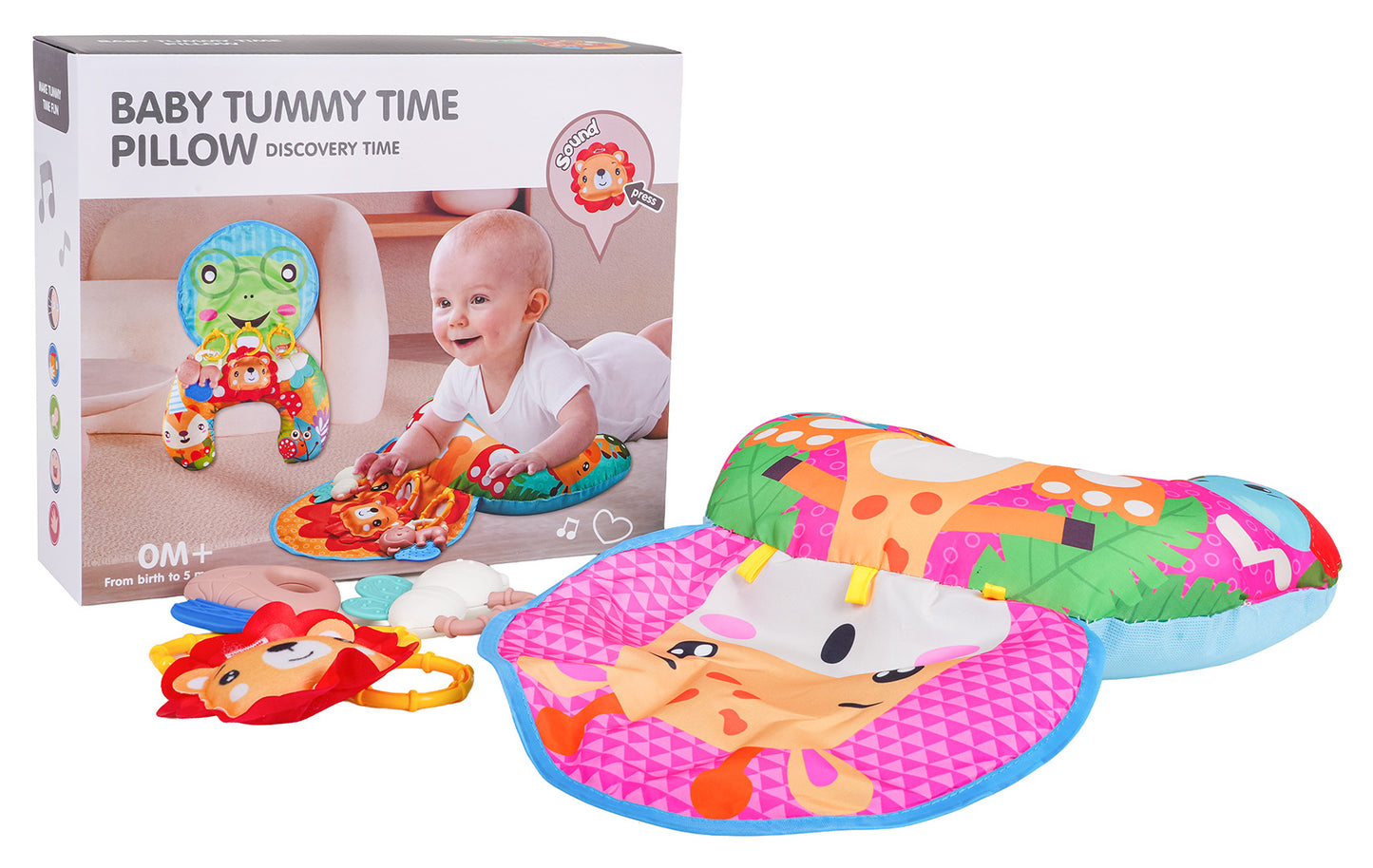 Sensorais tummy time spilvens zīdaiņiem – žirafes dizains ar 3 noņemamiem piekariņiem un spilvenu paklājiņu