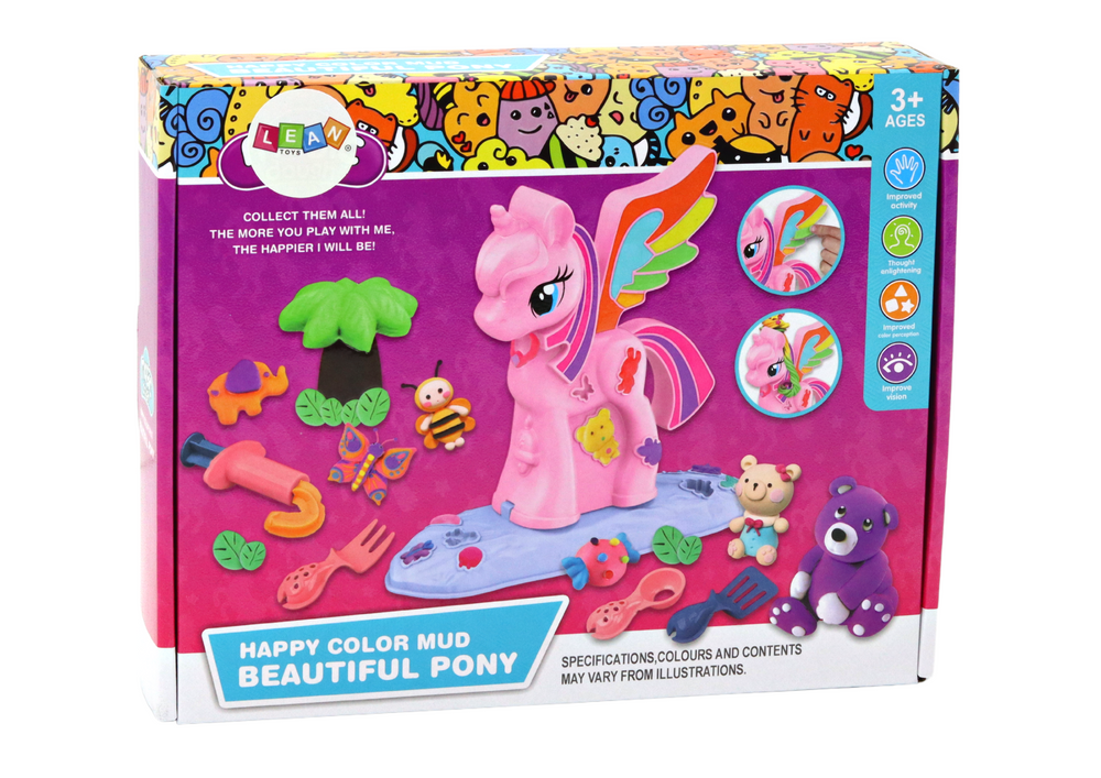 Vienradža modelēšanas masas komplekta kaste “Beautiful Pony, Happy Color Mud”; uz attēla rozā vienradzis, rīki un veidotās figūriņas.