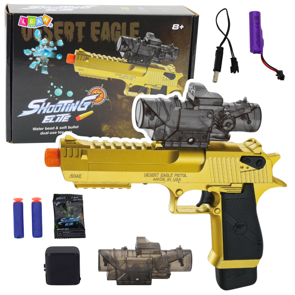 Rotaļu Desert Eagle gēlalodīšu pistole ar aksesuāriem un iepakojumu uz balta fona.