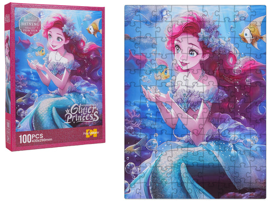 100 detaļu puzle ar nāriņu zemūdens pasaulē un saliktu attēlu blakus kastītei