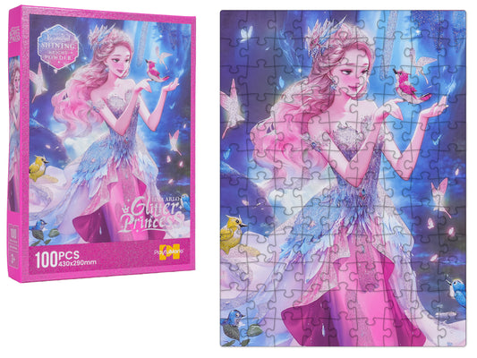 100 detaļu puzle ar rozā princesi un saliktu attēlu blakus kastītei