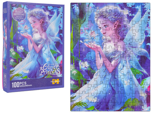 100 detaļu puzle ar zilu princesi un saliktu attēlu blakus kastītei