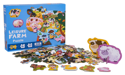 200 detaļu fermas puzle govs formā ar lauku dzīvnieku ilustrācijām un govs un aitas figūrām