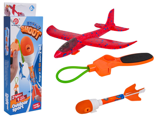 2-in-1 putu lidmašīna un raķete ar palaišanas katapultu un elastīgo lenti, Rocket Shoot komplekts