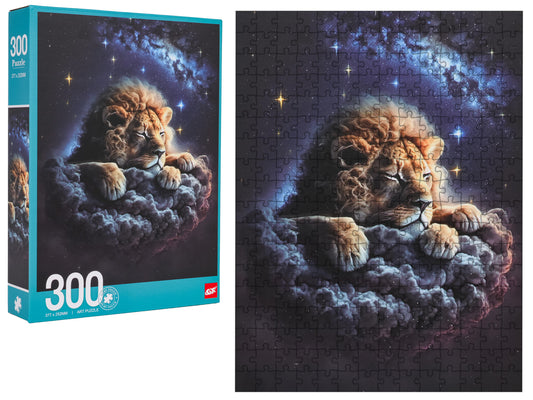 300 detaļu puzle ar lauvu mākoņos zvaigžņotu debesu fonā un saliktu attēlu blakus kastītei